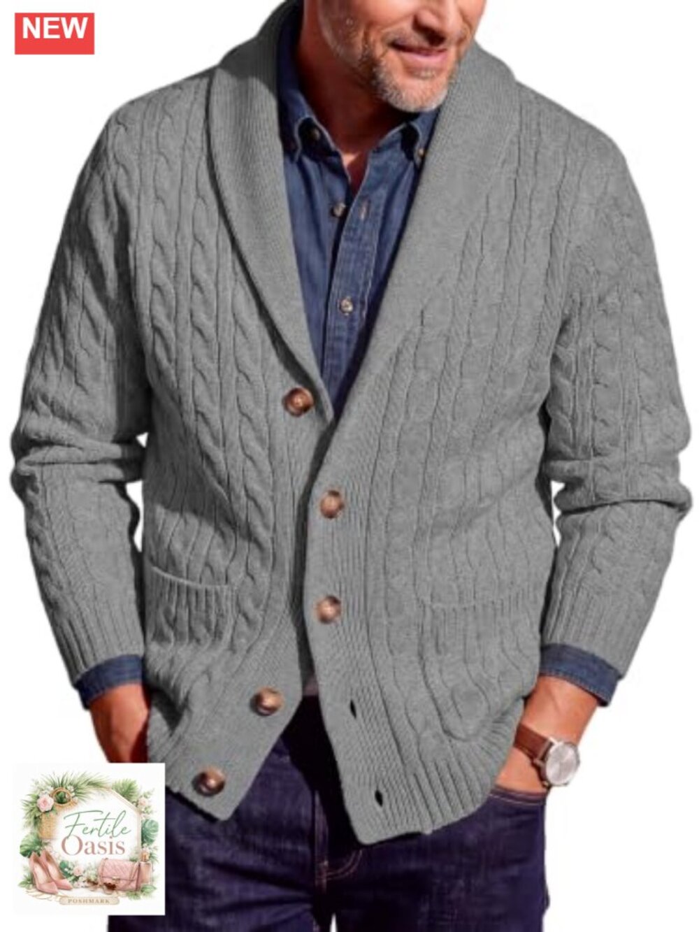 Mens Cable Knit Cardigan Sweater Shawl Collar Button Up Long Sleeve Casual